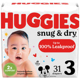 Huggies Snug & Dry size 3 pack shows leakproof protection for messier days.