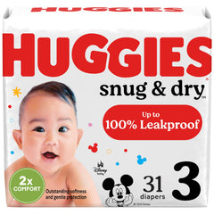 Huggies Snug & Dry size 3 pack shows leakproof protection for messier days.