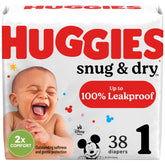 Huggies Snug & Dry newborn packaging shows a 38-count box for easy stocking.