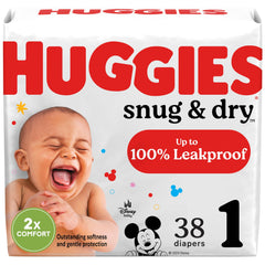 Huggies Snug & Dry newborn packaging shows a 38-count box for easy stocking.