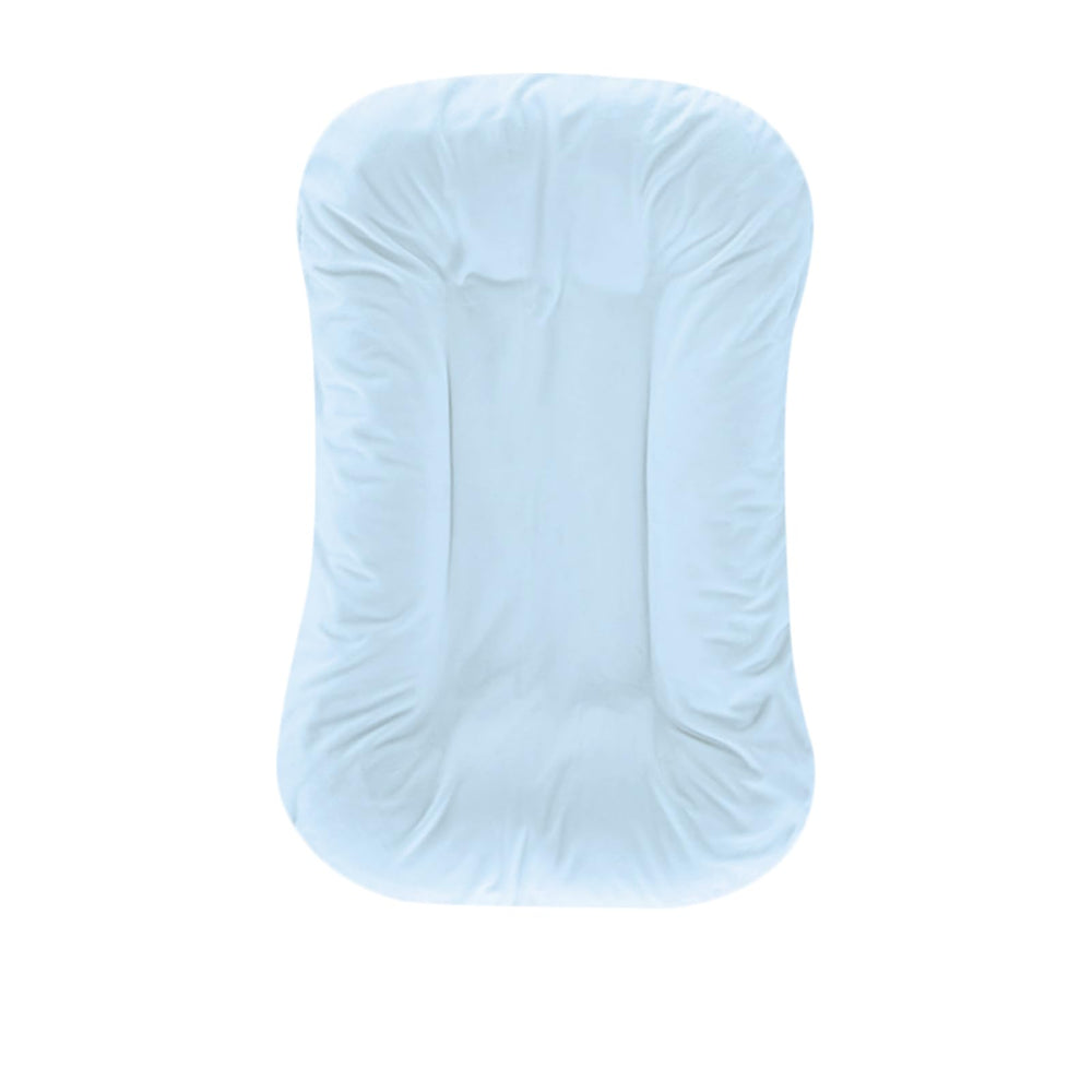 Huggynest baby lounger blue front view offers a cozy cuddle space for newborns at home