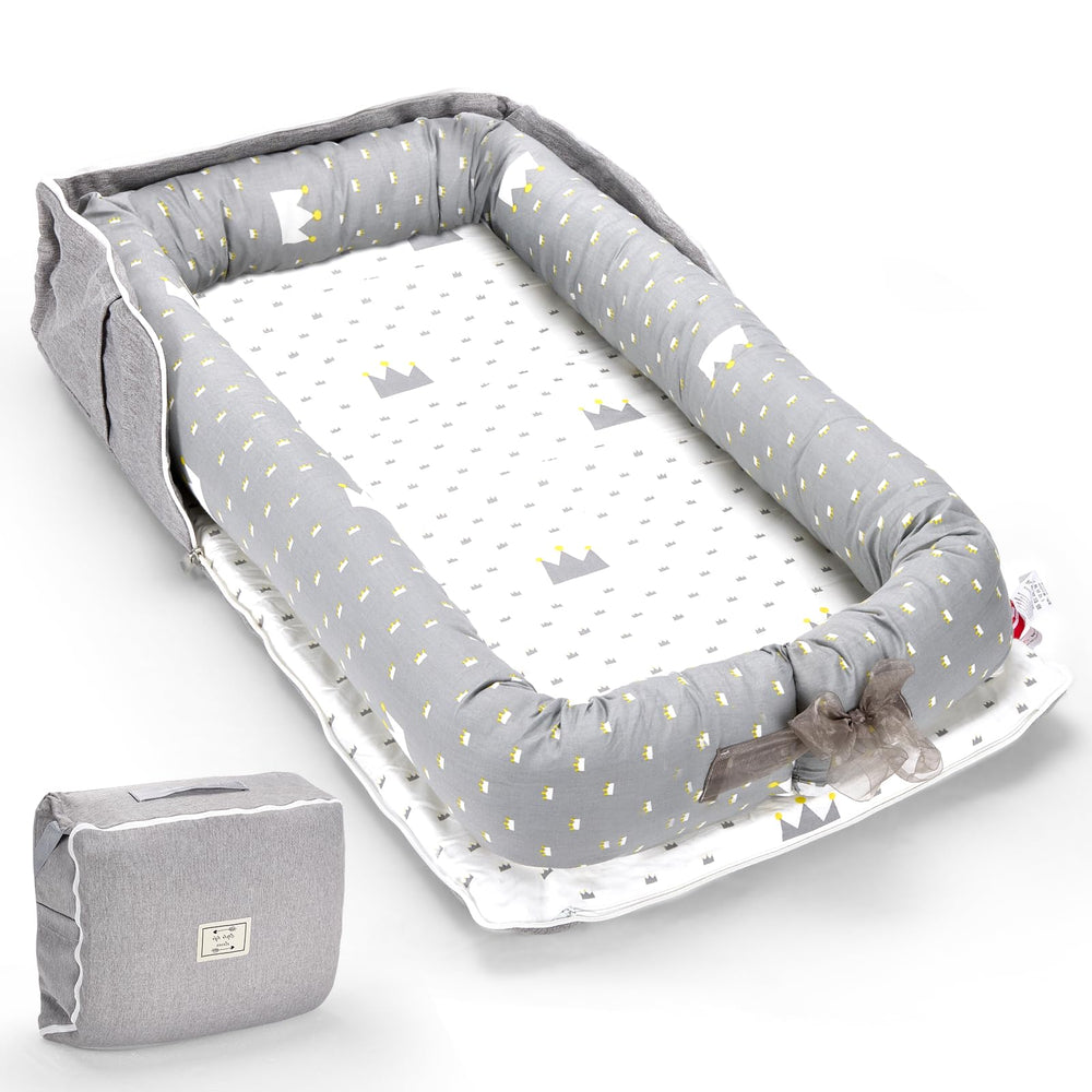 Huggynest baby lounger Crown Ash front view highlighting breathable cotton for cozy newborn comfort
