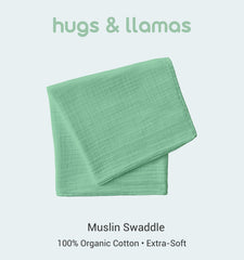 Hugs & Llamas organic cotton muslin close-up shows breathable fabric for warm days.