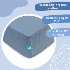 Hugs & Llamas organic muslin crib sheet breathable fabric ideal for warm nights.