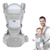 Huifen baby carrier with hip seat front view shows ergonomic support for baby