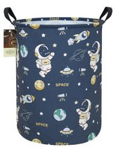 HUNRUNG round laundry hamper front view, blue space astronaut design, keeps dorm clothes organized.