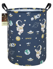 HUNRUNG round laundry hamper front view, blue space astronaut design, keeps dorm clothes organized.