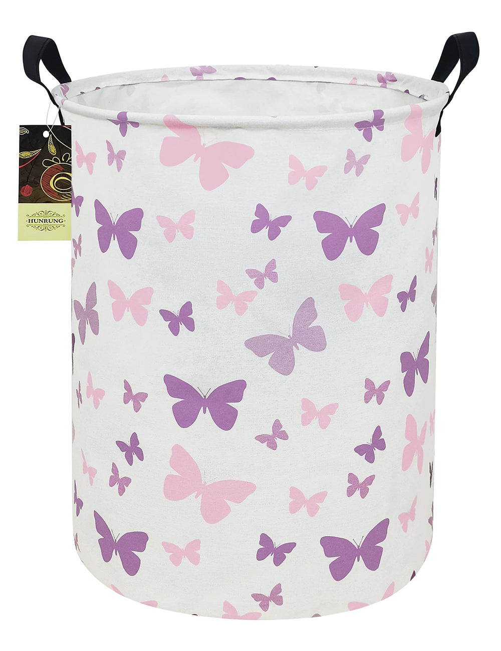 HUNRUNG Laundry Hamper Round-Butterfly side view shows ample storage for dirty clothes in dorms.
