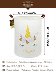 HUNRUNG Laundry Hamper Round Magic Unicorn back view showing sturdy handles for easy transport