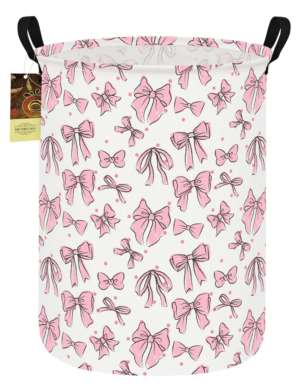 HUNRUNG Laundry Hamper full basket with round pink bow for dirty clothes storage