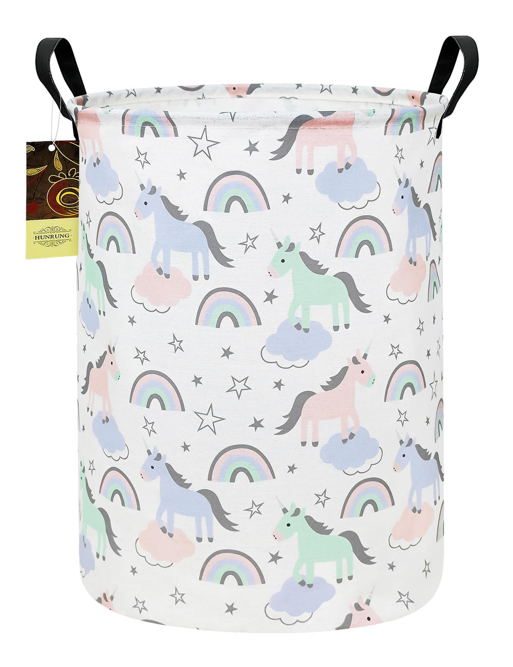 HUNRUNG laundry hamper with round-star unicorn design full basket, ideal for dorm storage.