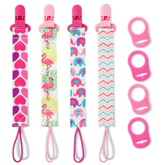 Hunxuo 4pack pacifier clips pink set shows soft polyester and secure attachment for busy moms