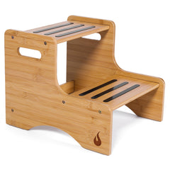 Huoli wooden kids step stool side view emphasizes durable bamboo build for safe reach.