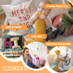 Huraty plush alphabet J-pillow on kids bed adds playful charm.