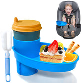 HURODEN Toddler Travel Tray with 360° cup holder demonstrates organized snacks during car rides.