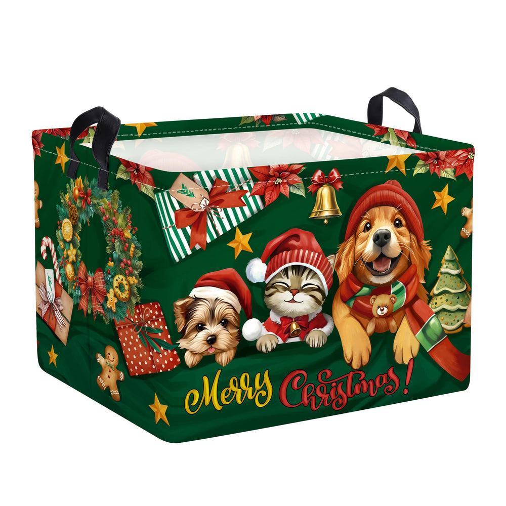 HUUMONSS dog merry christmas basket with dogs and Santa hats for organized storage and festive decor