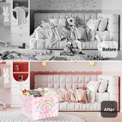 HUUMONSS pink unicorn laundry basket adds playful charm while storing clothes.