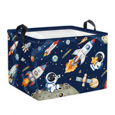 HUUMONSS Space Rockets laundry hamper front view in blue for easy nursery toy and clothes storage.