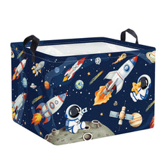 HUUMONSS Space Rockets laundry hamper front view in blue for easy nursery toy and clothes storage.