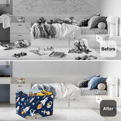 HUUMONSS Space Rockets hamper side angle highlights foldable design for compact living spaces.