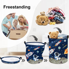 HUUMONSS space rockets hamper stands upright with top-edge frame