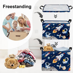 HUUMONSS Space Rockets kid storage closeup shows PE-coated fabric that's easy to wipe clean.