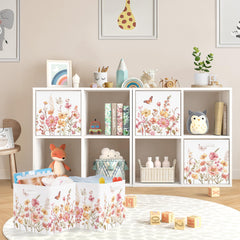 HUUMONSS wildflower cubes set demonstrates three organizers for shelves.