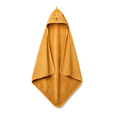 Huxie Baby Hooded Towel in Bear Autumn Yellow close-up on organic cotton fabric for gentle bath time.