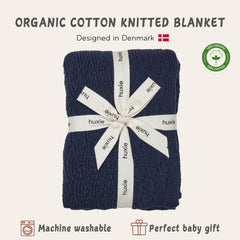 Huxie knitted baby blanket North Sea Blue swatch showing warm knit pattern
