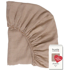Huxie mini crib sheet Natural Stripe close-up shows ultra-soft organic cotton for baby comfort.
