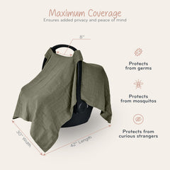 Huxie sage green canopy attached to car seat offers privacy