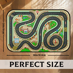 HUXINO Kids Race Track Play Rug close-up road map detail supports learning through play.