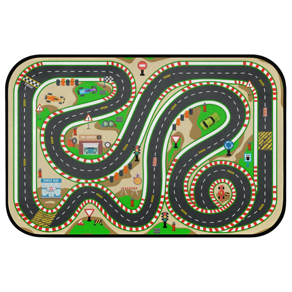 HUXINO Kids Race Track Play Rug front view shows vibrant roads for pretend play.