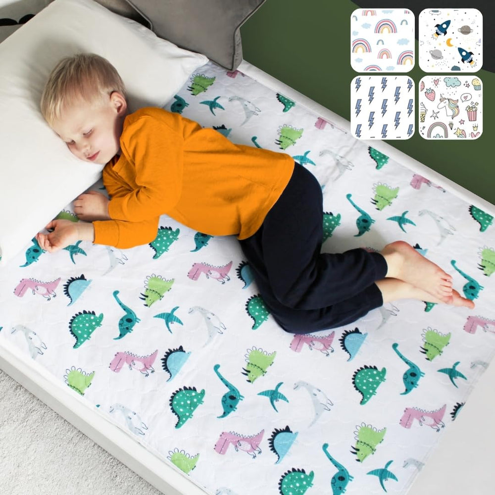 Hygge Sheets potty pad dinosaur flatlay shows kid-friendly nighttime protection