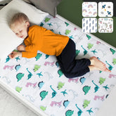 Hygge Sheets potty pad dinosaur flatlay shows kid-friendly nighttime protection