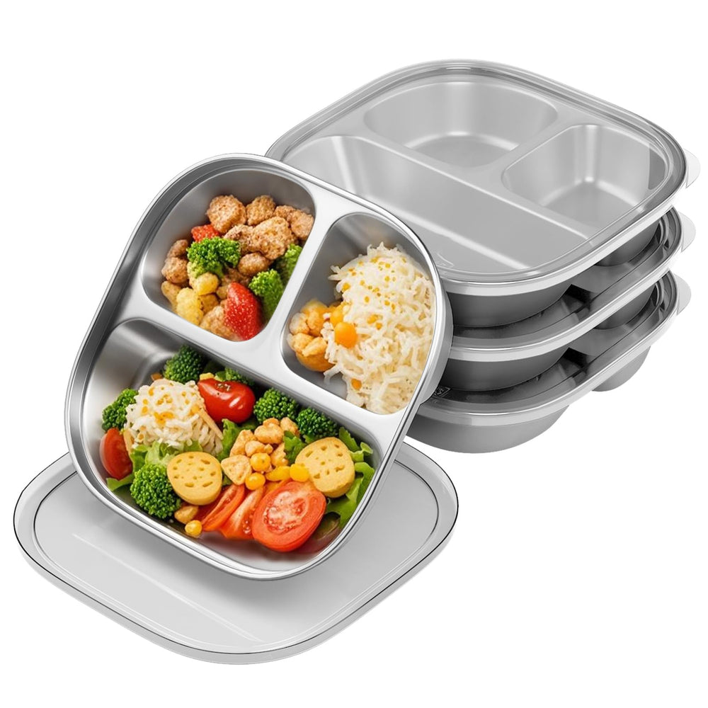 Hyperzacc stainless steel kids plates with lids ready for family meals.