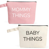 iAOVUEBY Mommy Things canvas pouch with roomy interior for travel essentials.