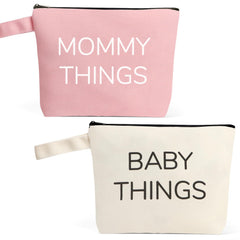iAOVUEBY Mommy Things canvas pouch with roomy interior for travel essentials.