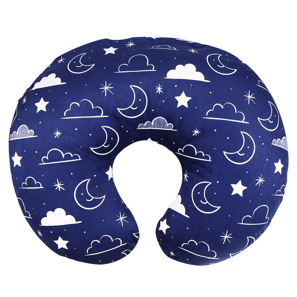 IBraFashion minky nursing pillow cover in navy with stars and clouds, soft against baby's skin