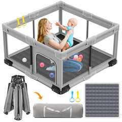 ICAREWAY foldable playpen assembled; spacious safe play area with visible mesh for supervision.