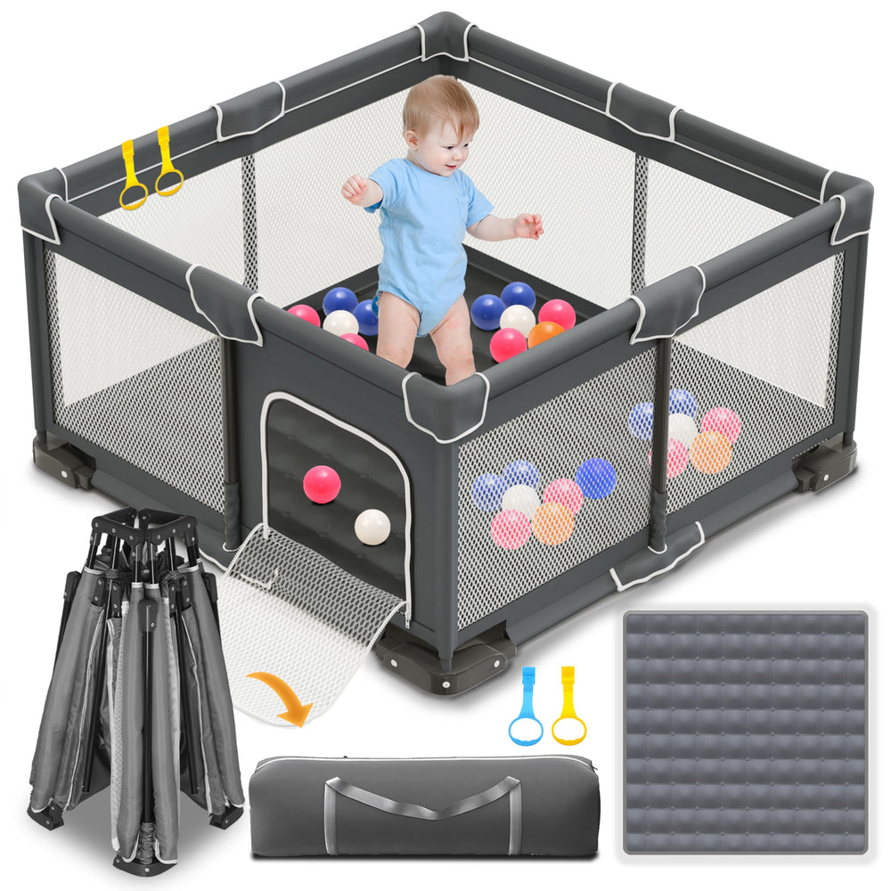 ICAREWAY foldable playpen setup diagram demonstrates quick assembly and portability