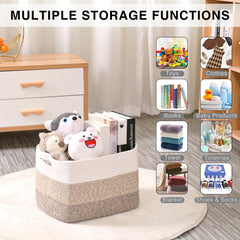 ICERZCZ cotton rope basket used for toy and book organization in a nursery.