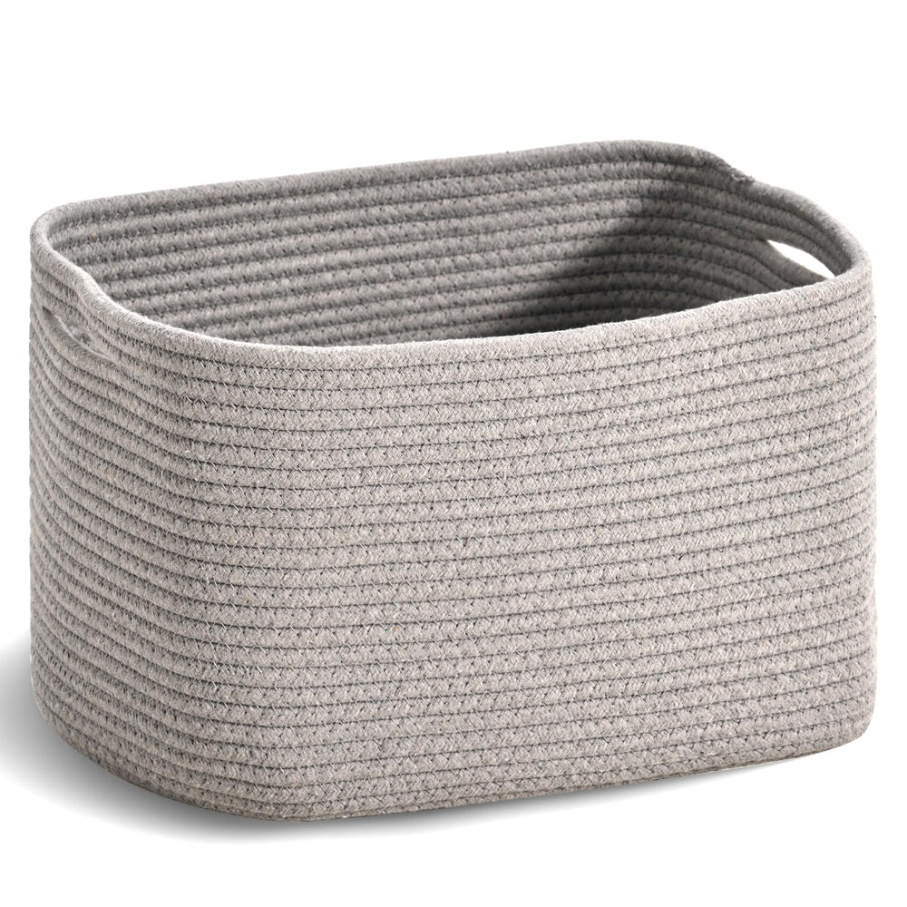 ICERZCZ woven cotton rope basket front view shows sturdy handles and light grey finish for easy organizing