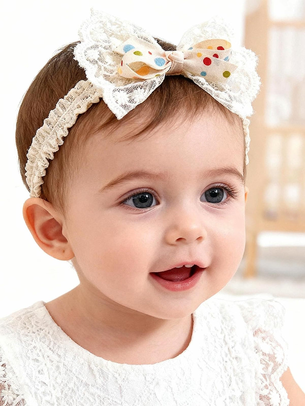ICKEYOU baby girls bow headband lace beige-pink ideal for newborn photos.
