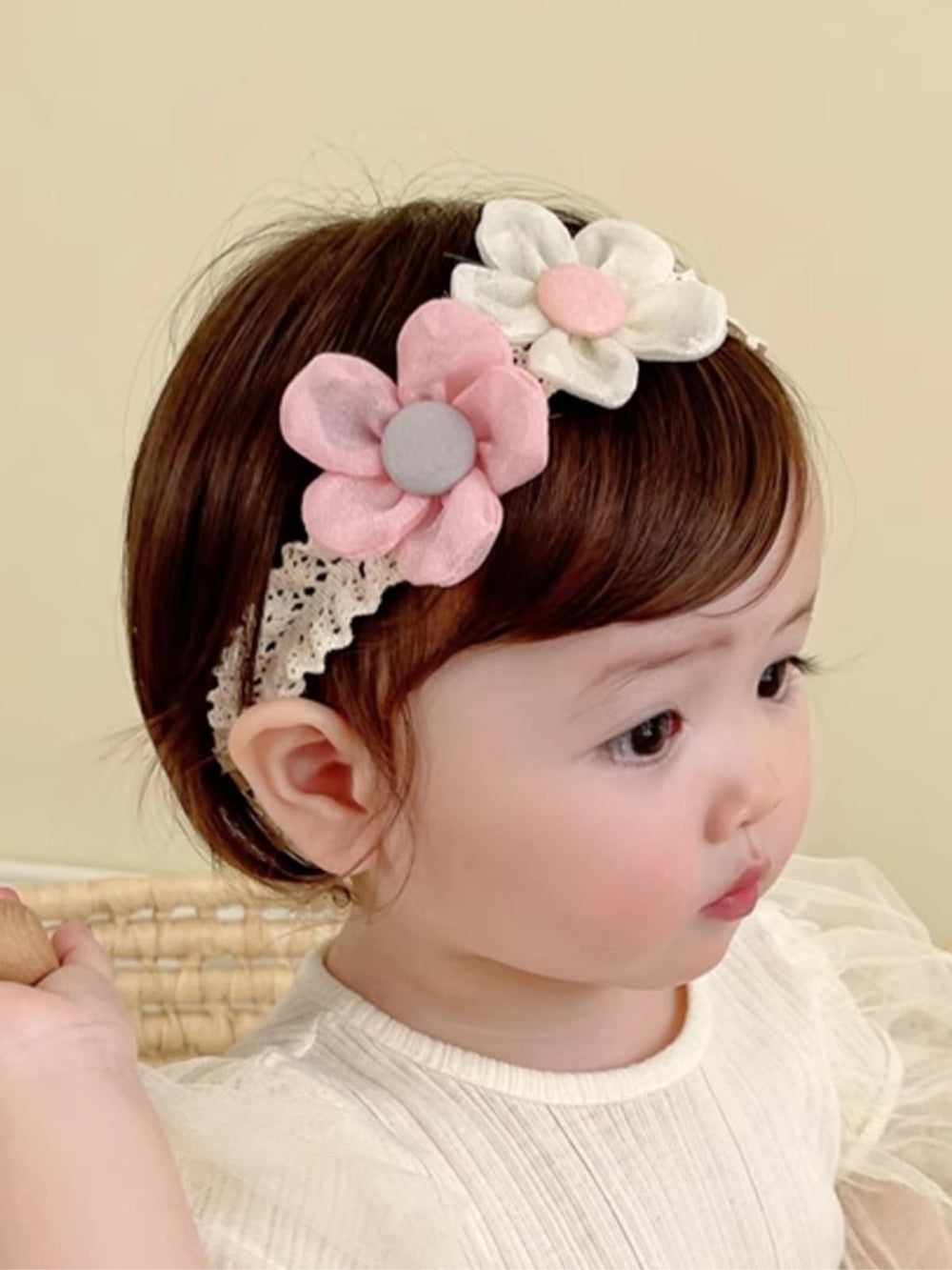 ICKEYOU lace flowers hairband in pink and white for soft comfort and adorable photos.