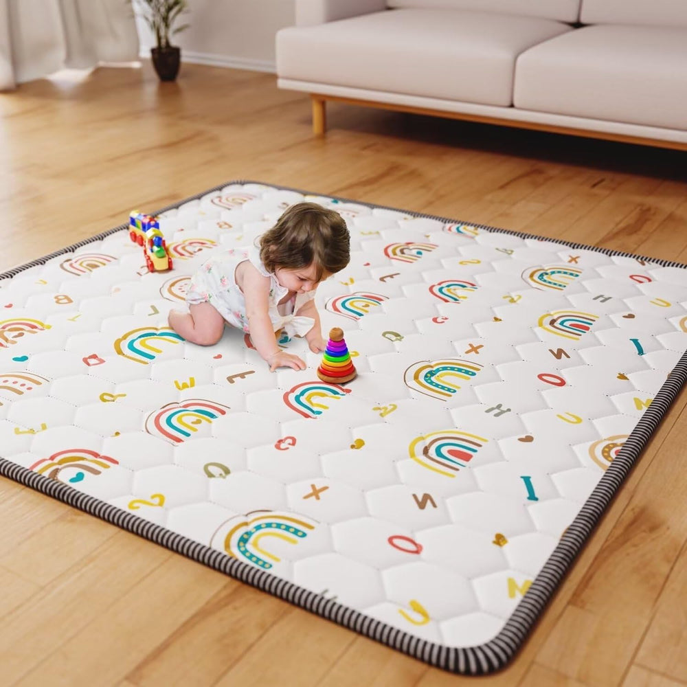 ieBabay boho rainbow play mat close-up surface showing soft microfiber for baby comfort and naps.
