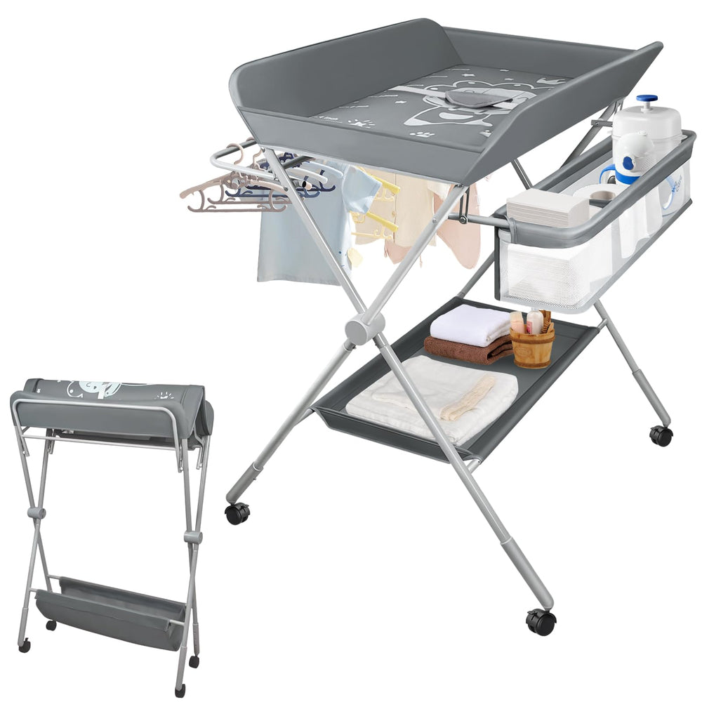 IELECMG baby changing table gray with folding wheels for easy mobility