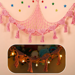 iHansee stuffed animal hammock corner in pink saves space and organizes toys.