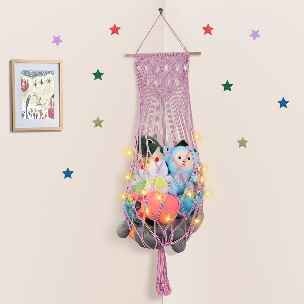 iHansee stuffed-animal-hammock-corner-63inch demonstrates space-saving toy storage for playrooms.