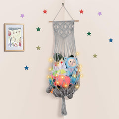 iHansee stuffed-animal-hammock with LED star light, showcasing spacious toy storage.
